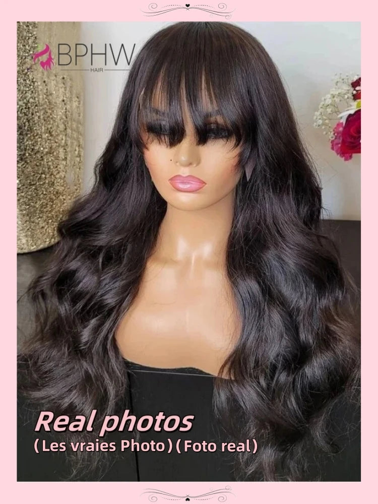 30 inches Body Wave Human Hair Wigs With Bangs Short Bob Wig 180% Density Brazilian Fringe Remy Full Machine Made Wig For Women