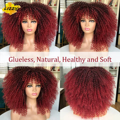 Kurze Afro-Lockenperücke mit Pony, synthetische, afrikanische, kleberlose, flauschige, schwarze, Ombre-braune, lockige Damenperücken