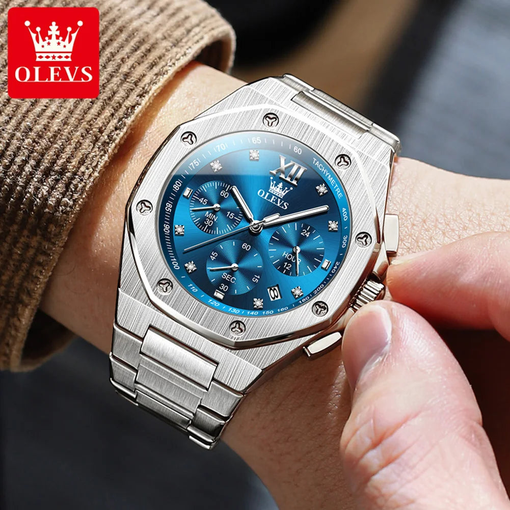 OLEVS Luxury Brand Men Watch Chronograph Waterproof Luminous Fashion Cool Quartz Watch for Men Stainless Steel Hand Clock 2024