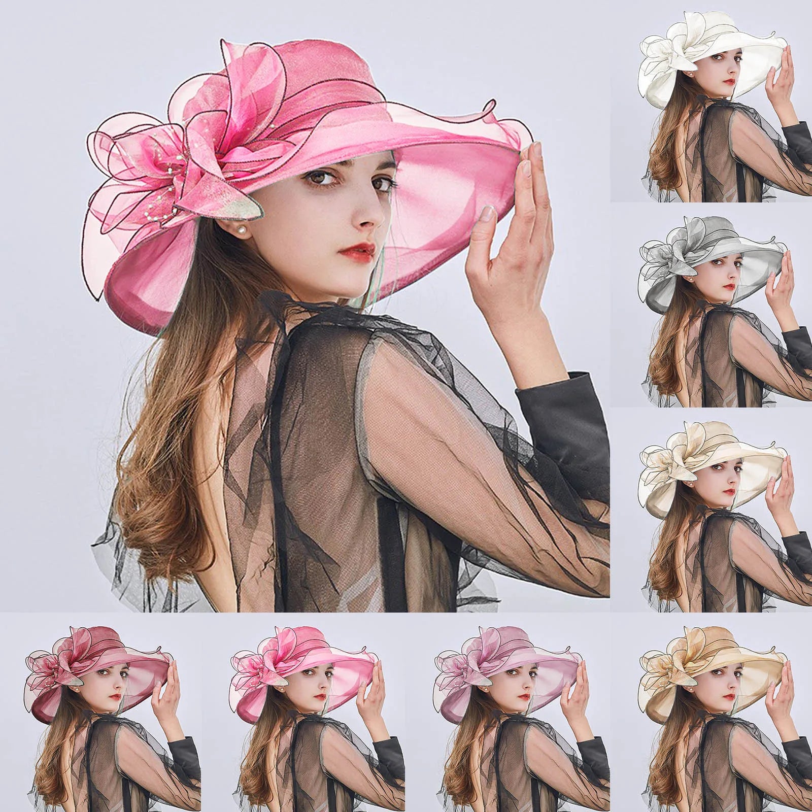 Elegant Women's Summer Hat Wide Bridal Style Leaf Flower Mesh Polyester Shower Hats Solid Color Sun Protection Visors Caps