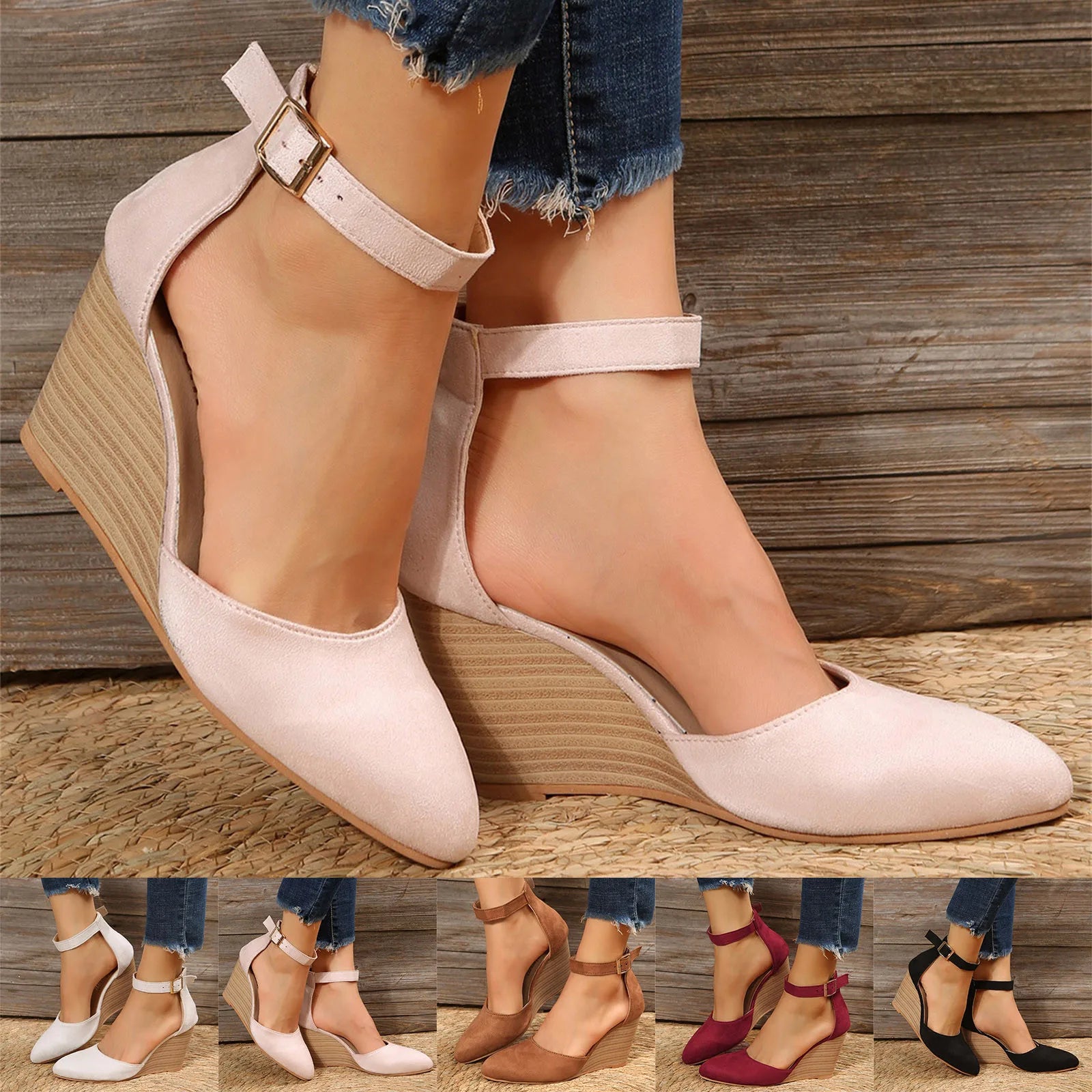 Fashion Women High Heel Sandals Closed Toe Solid Suede Pointed Wedge Heel Shoes Thick Bottom Buckle Sandals Female Footwear 샌들