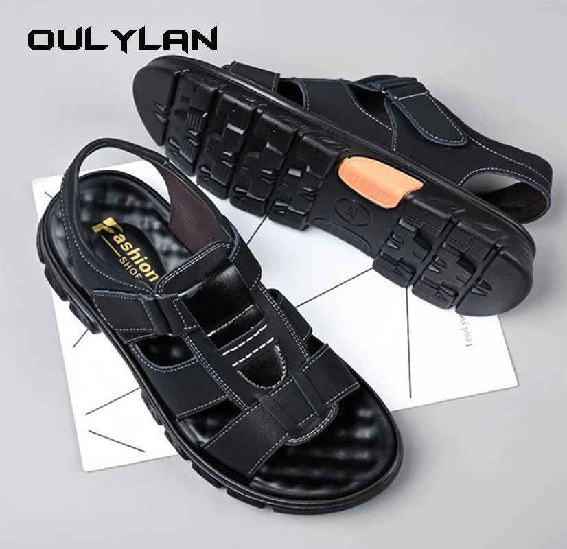 Male Summer Sandals Men's Beach Shoes Open Toe Slippers Outdoor Non-Slip Thick-soled Leather Sandals 2024 Men Outdoor Sandals