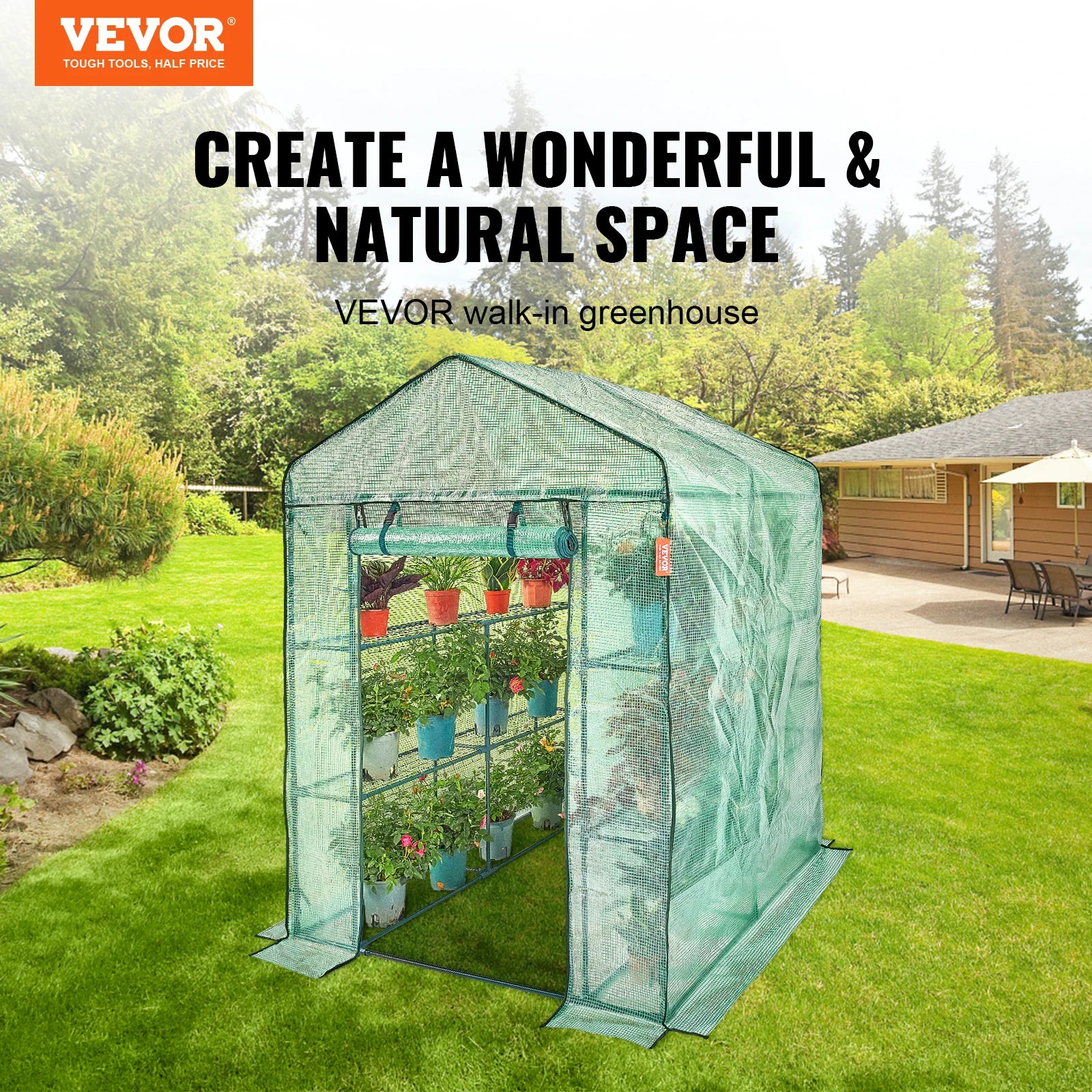 VEVOR Walk-in Green House Greenhouse with Shelves High Strength PE Cover with Doors & Windows and Steel Frame for Planting