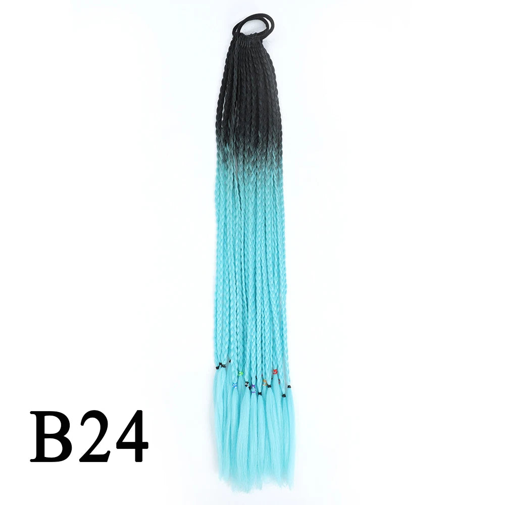 Synthetic 24 Inch Long Colored Box Braids Hair Ponytail With Rubber Bands Rainbow Twist Braided Highlights Ponytail For Women