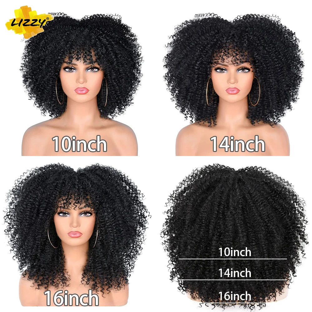 Kurze Afro-Lockenperücke mit Pony, synthetische, afrikanische, kleberlose, flauschige, schwarze, Ombre-braune, lockige Damenperücken