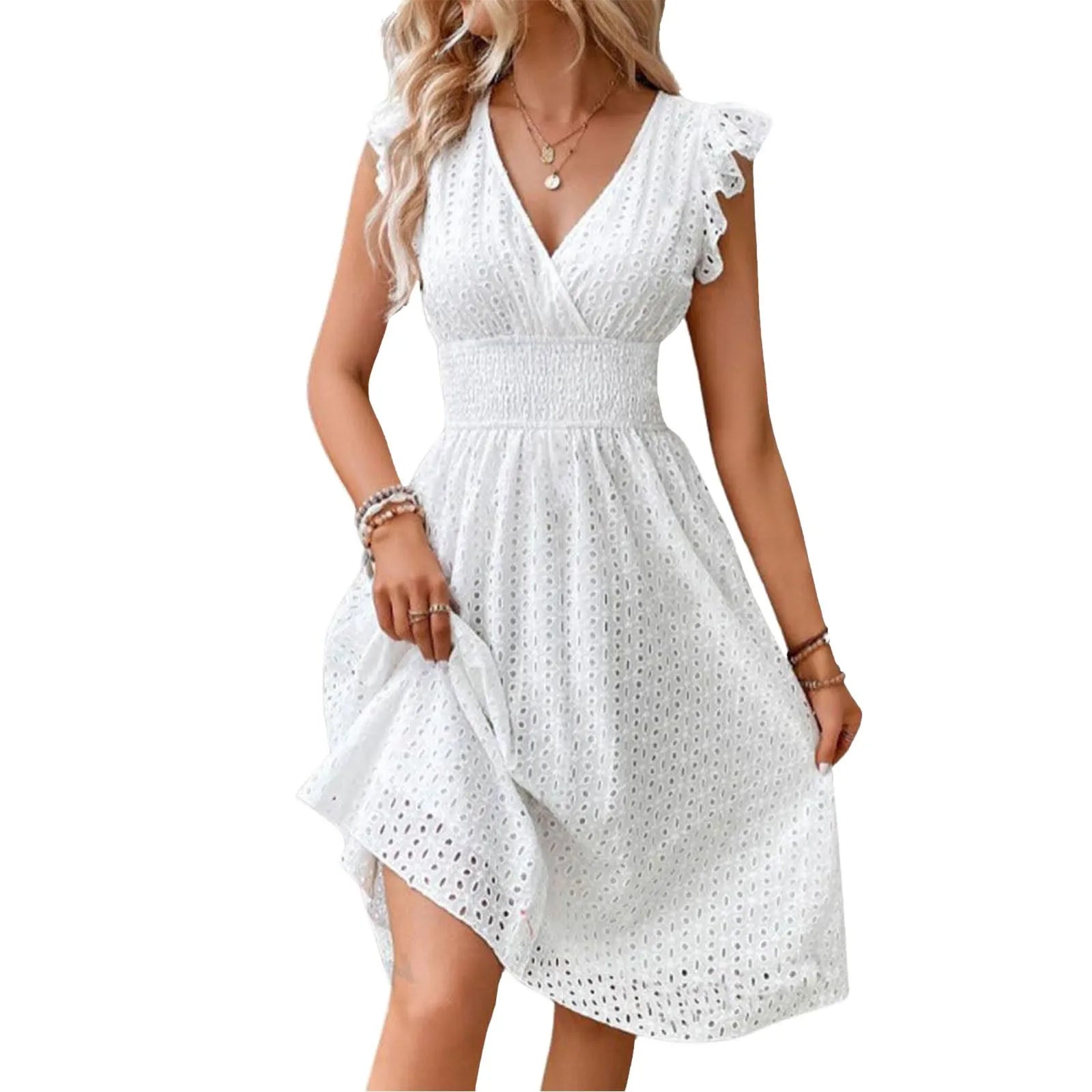 Women White V-Neck Beach Dress Solid Summer A-Line Half Sleeve Shirt Dress Casual Loose Pocket Sundress Holiday Baggy Long Robe