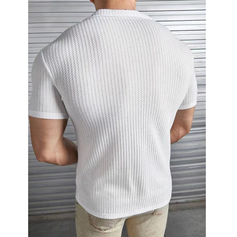 Men's Shirts Summer Turn-down Collar Stirpes Solid Waffle Casal Cardigan Loose Muscle Casual Short Sleeve Shirt For Male Tops