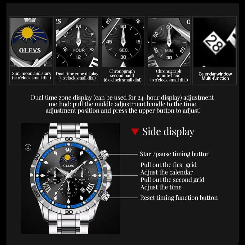 OLEVS Fashion Brand Men's Watch Waterproof and Luminous Calendar Lunar Phase Timing Code Watch Luxury Sports Men's Quartz Watch