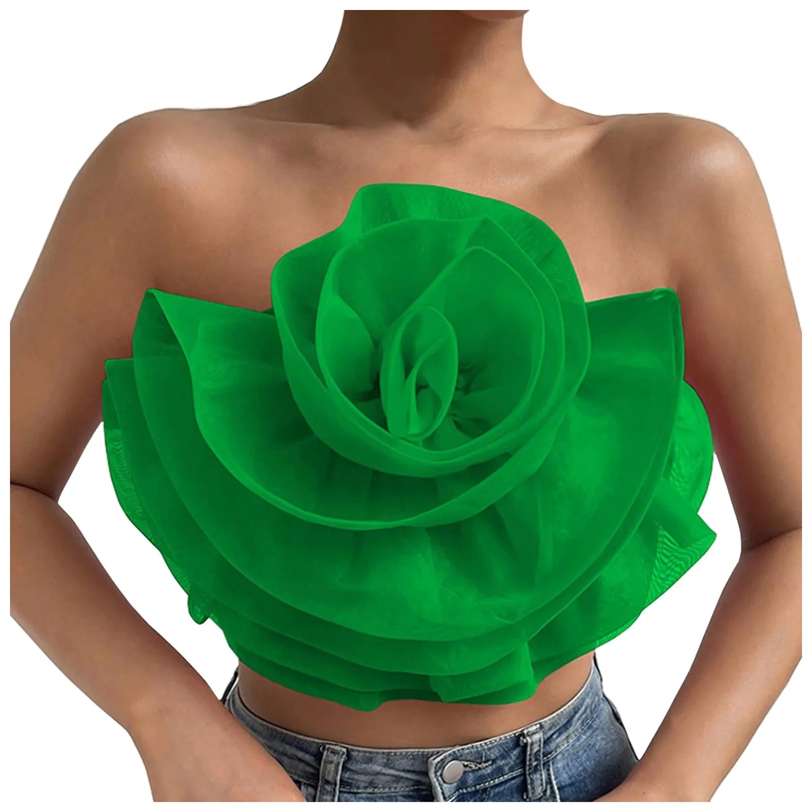 Women's Flower Front Crop Tube Top Sleeveless Strapless Solid Shirred Tops Summer 2024 Chic Trendy Clothes Vest Tank Female Tops