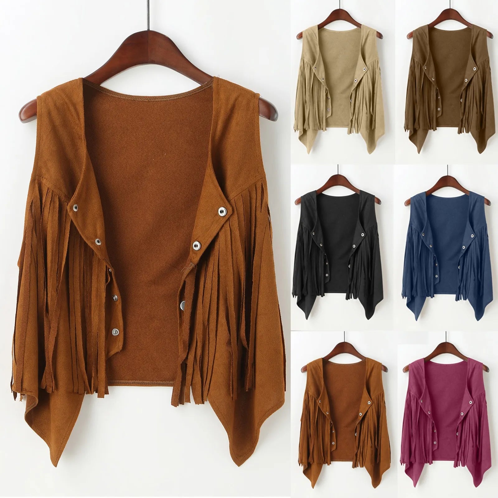 Western Fringe Vest Women Faux Suede Open-Front Vintage Vest Sleeveless 70s Hippie Clothes Boho Jacket Women Hooded Jacket