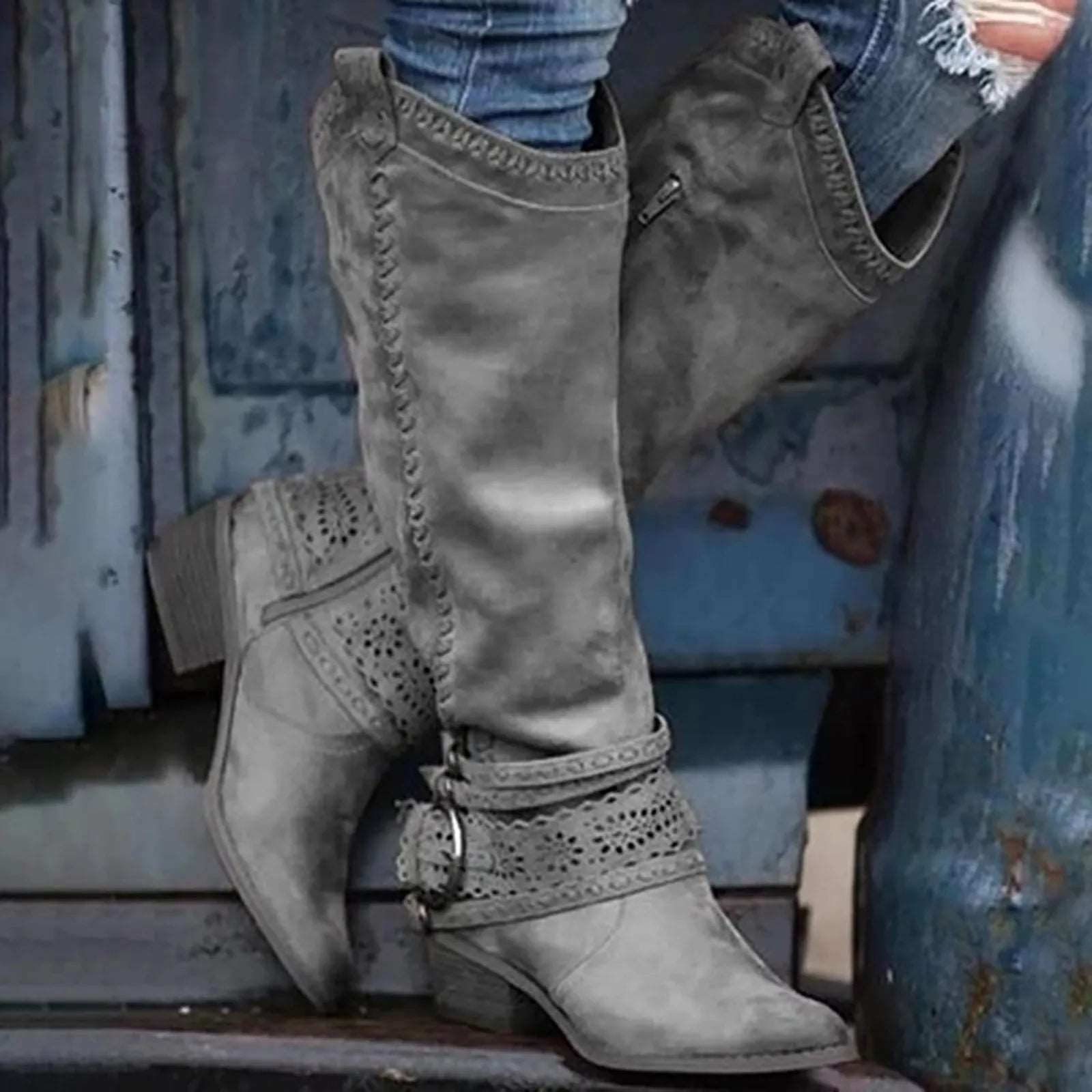 2023 New Western Cowboy Boots Buckle Ladies Low Heel Knee High Boots Retro Hollow Out Shoes Winter Female Shoes