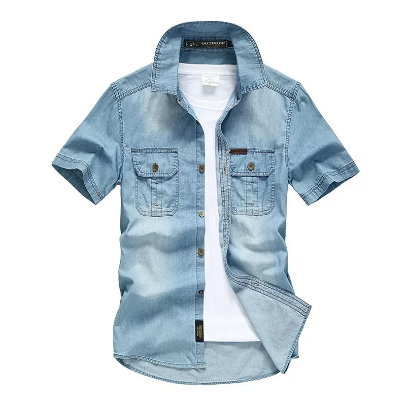 Camisas de mezclilla con múltiples bolsillos para hombre, nuevas camisas de mezclilla azules de manga corta de verano, camisas casuales de algodón de alta calidad para hombre, talla 5XL