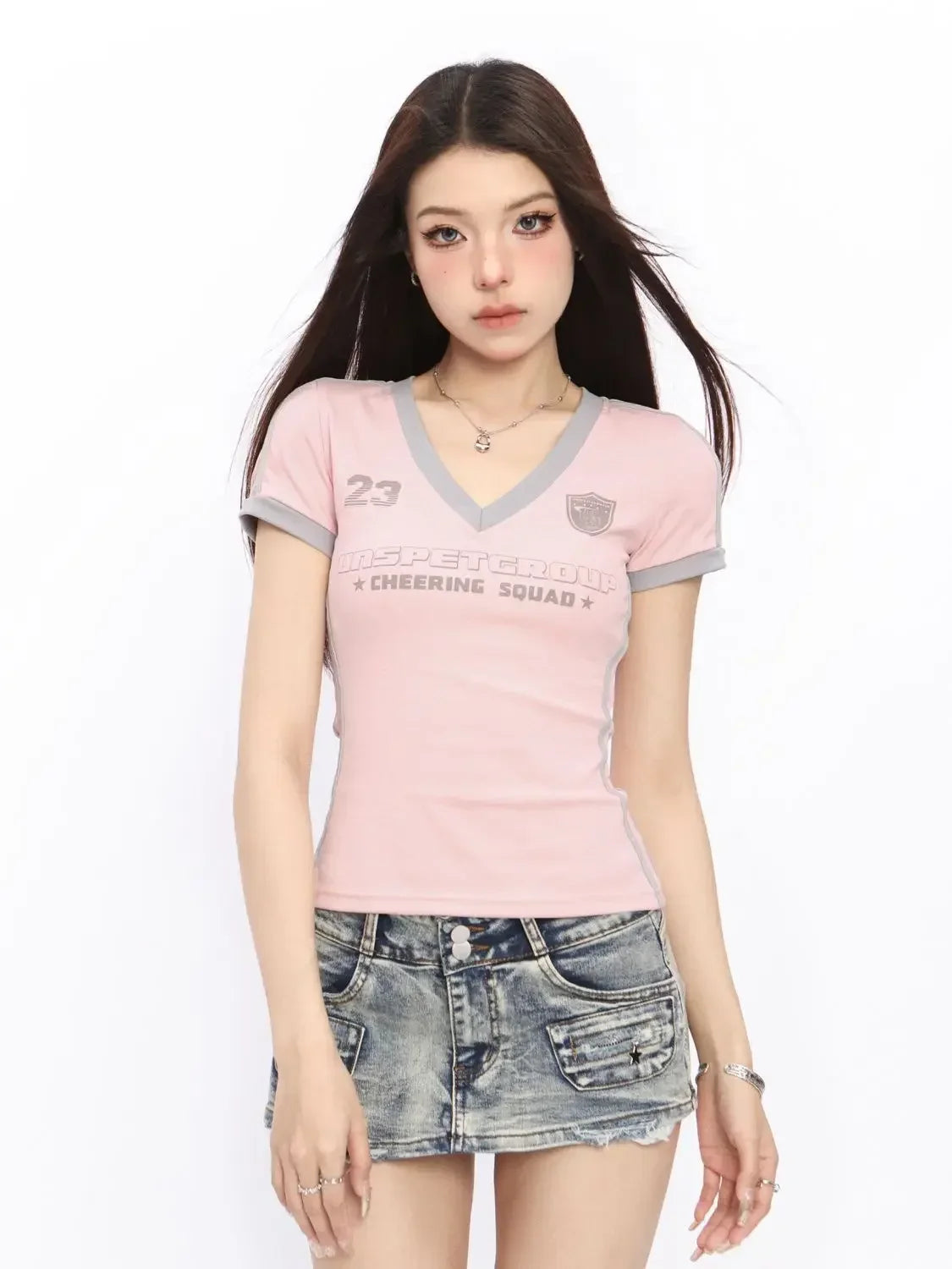 Y2K Patchwork Streetwear T Shirts Women American Retro Letter Design Sexy V-neck Slim Skinny Tee Tops E-girl Sporty Korean Style