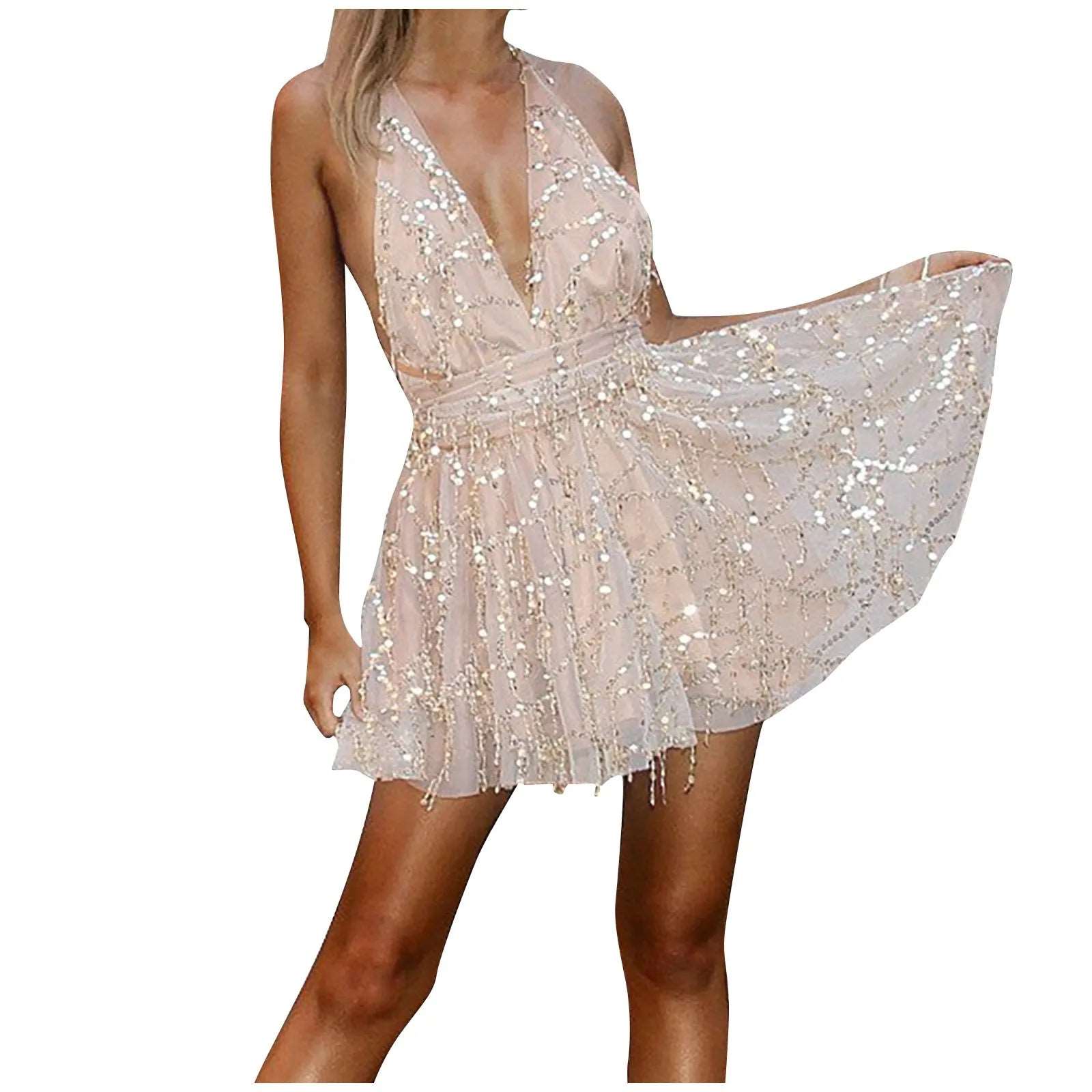 2023 Sequin Voile Dress Lady Prom Evening Through Mesh Robe Femme Sexy Backless V-Neck Sling Shining Mini Dresses Vestidos