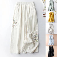 Women Ethnic Style Casual Pants For Women Embroidered Elastic Waist Wide Leg Trousers Women Pantalones Cotton Linen Culottes