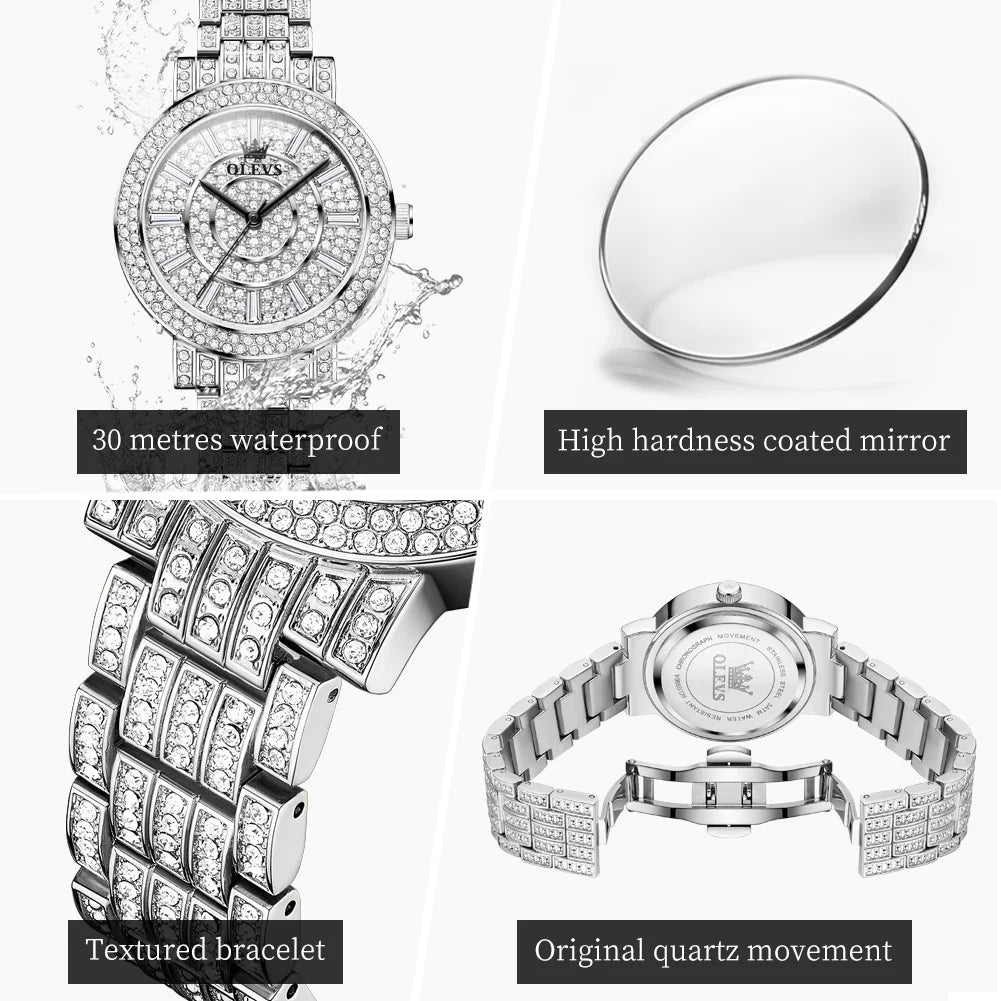 OLEVS Top Original Brand Women's Watches Elegant Luxury Full Diamond Quartz Watch for Lady's Waterproof Silver Female Wristwatch