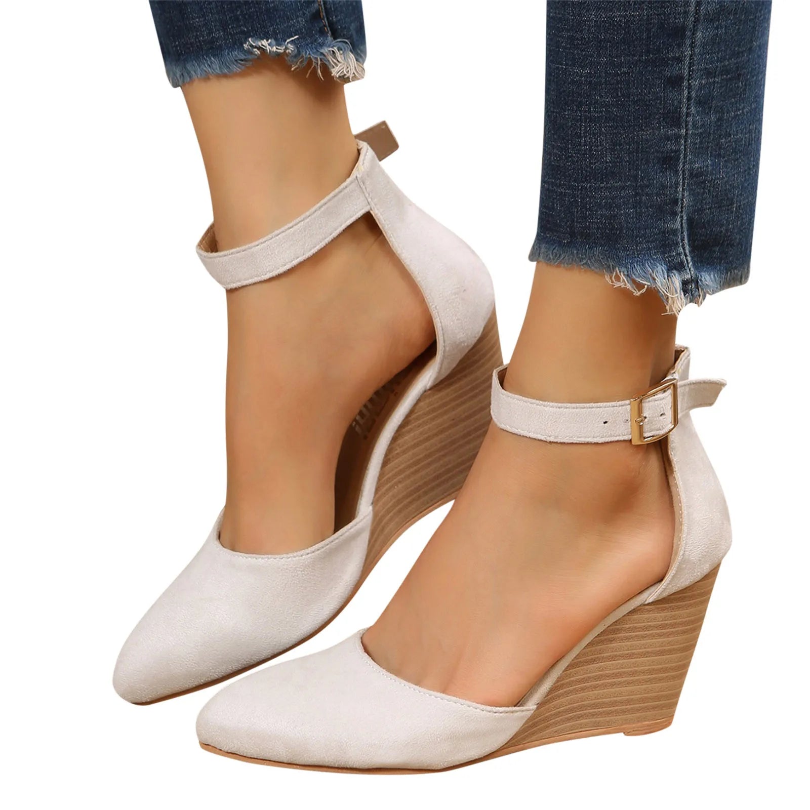 Fashion Women High Heel Sandals Closed Toe Solid Suede Pointed Wedge Heel Shoes Thick Bottom Buckle Sandals Female Footwear 샌들