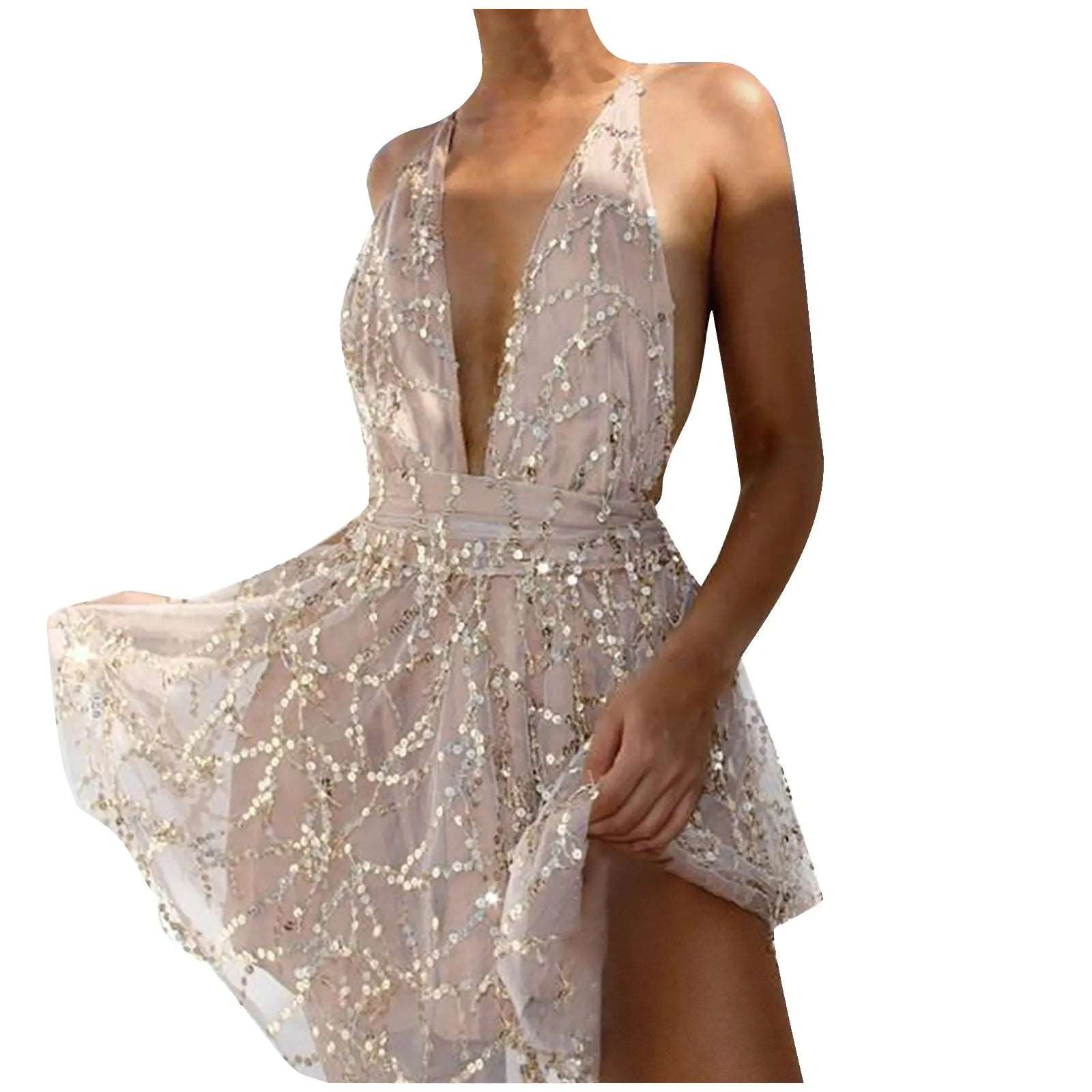 2023 Sequin Voile Dress Lady Prom Evening Through Mesh Robe Femme Sexy Backless V-Neck Sling Shining Mini Dresses Vestidos