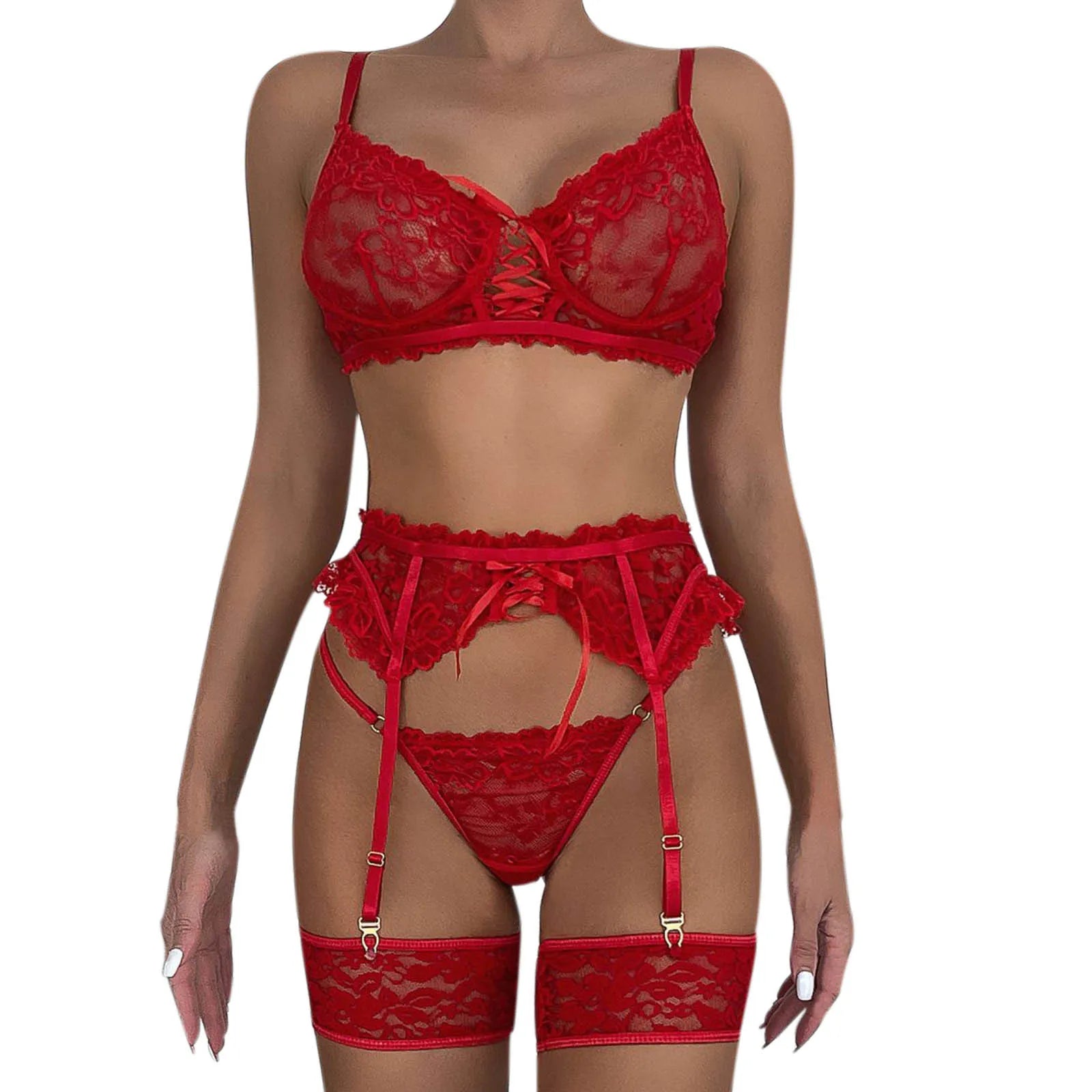 Female Underwear Sexy Women's Underwear Lingerie Set Mesh Lace Lingerie Three Pieces Set Sexy Underwear With Stockings For Women