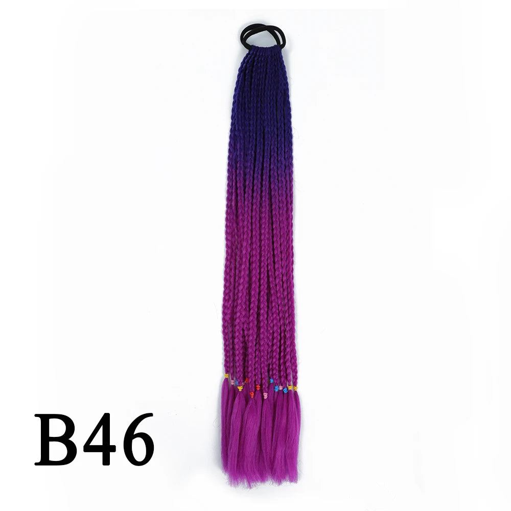 Synthetic 24 Inch Long Colored Box Braids Hair Ponytail With Rubber Bands Rainbow Twist Braided Highlights Ponytail For Women