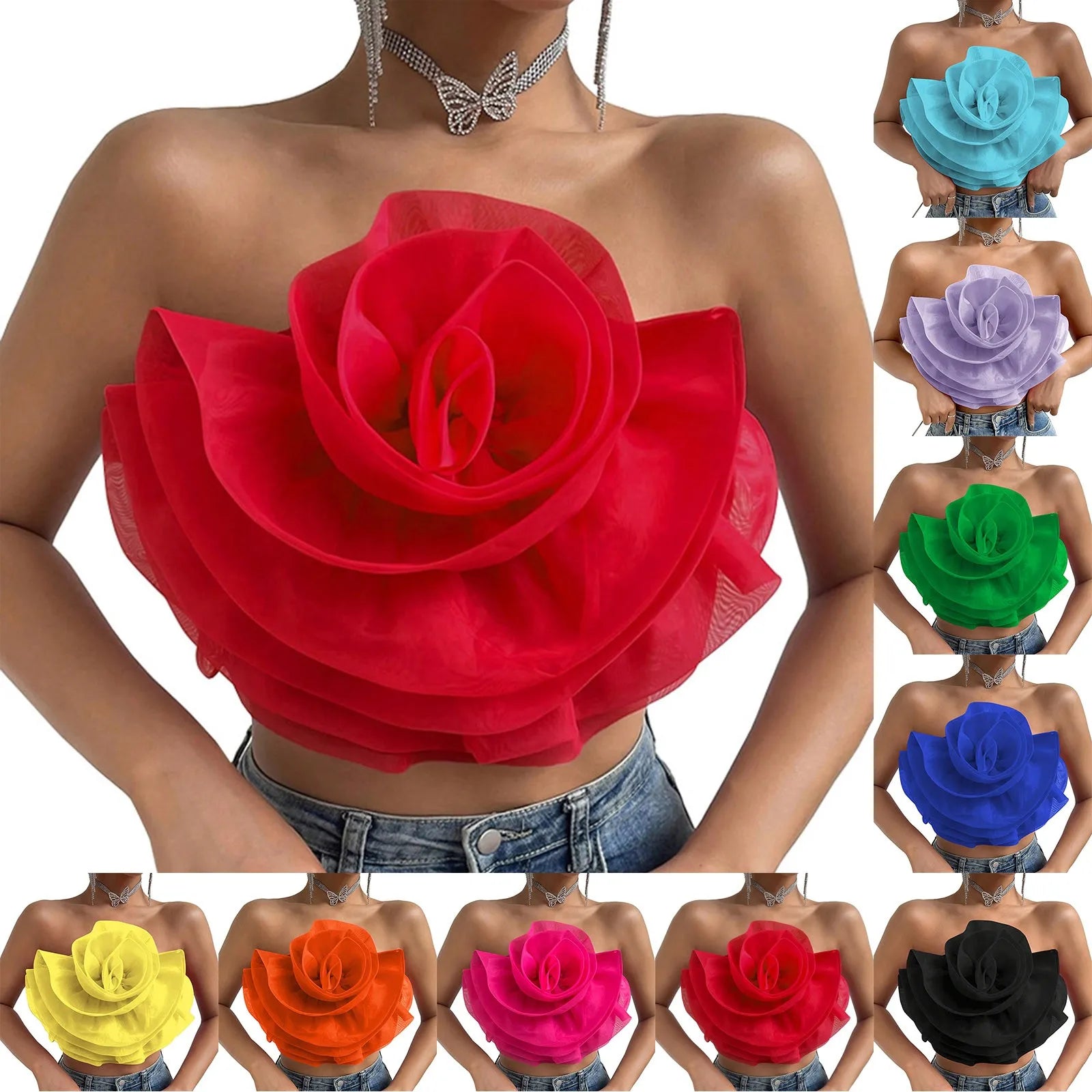 Women's Flower Front Crop Tube Top Sleeveless Strapless Solid Shirred Tops Summer 2024 Chic Trendy Clothes Vest Tank Female Tops