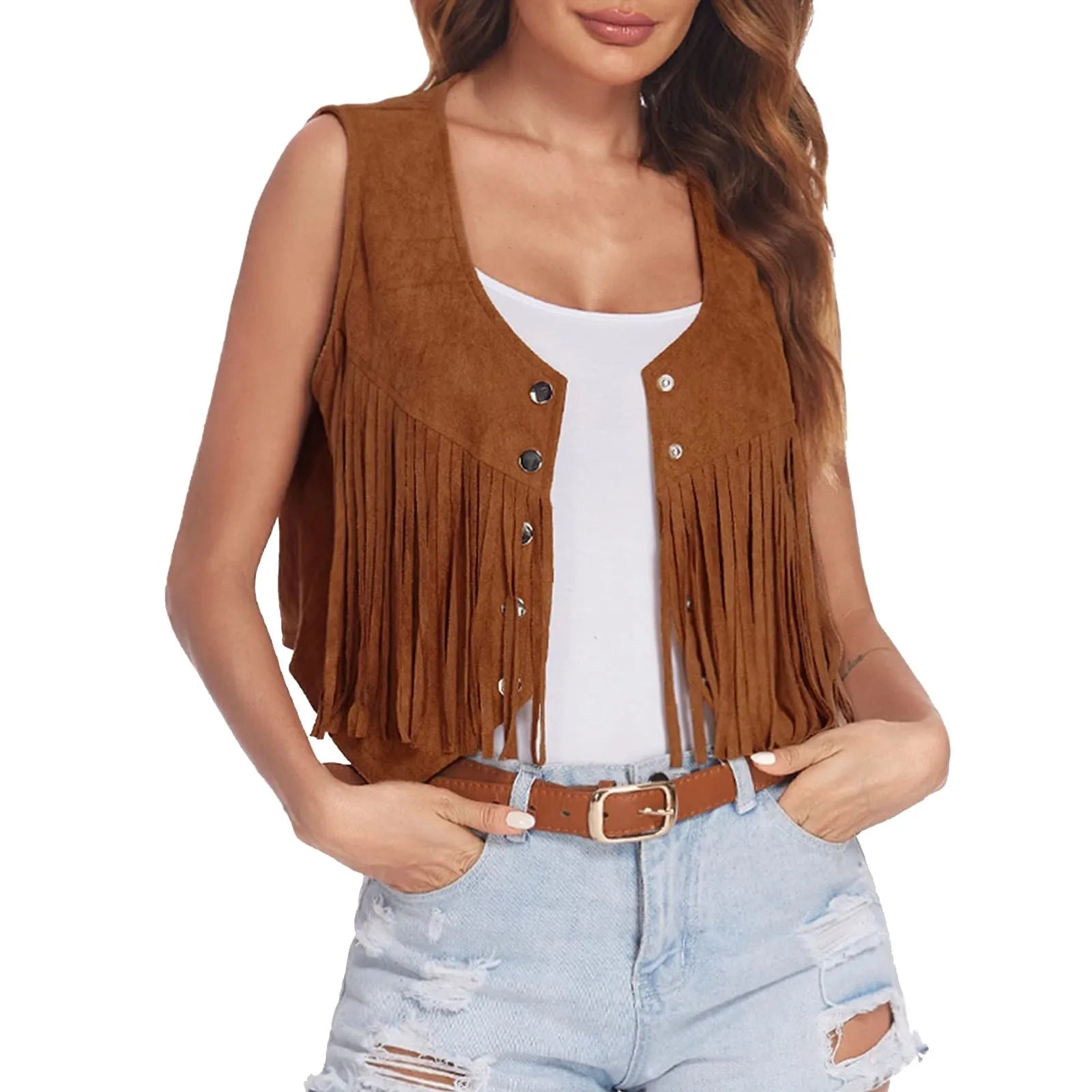 Western Fringe Vest Women Faux Suede Open-Front Vintage Vest Sleeveless 70s Hippie Clothes Boho Jacket Women Hooded Jacket