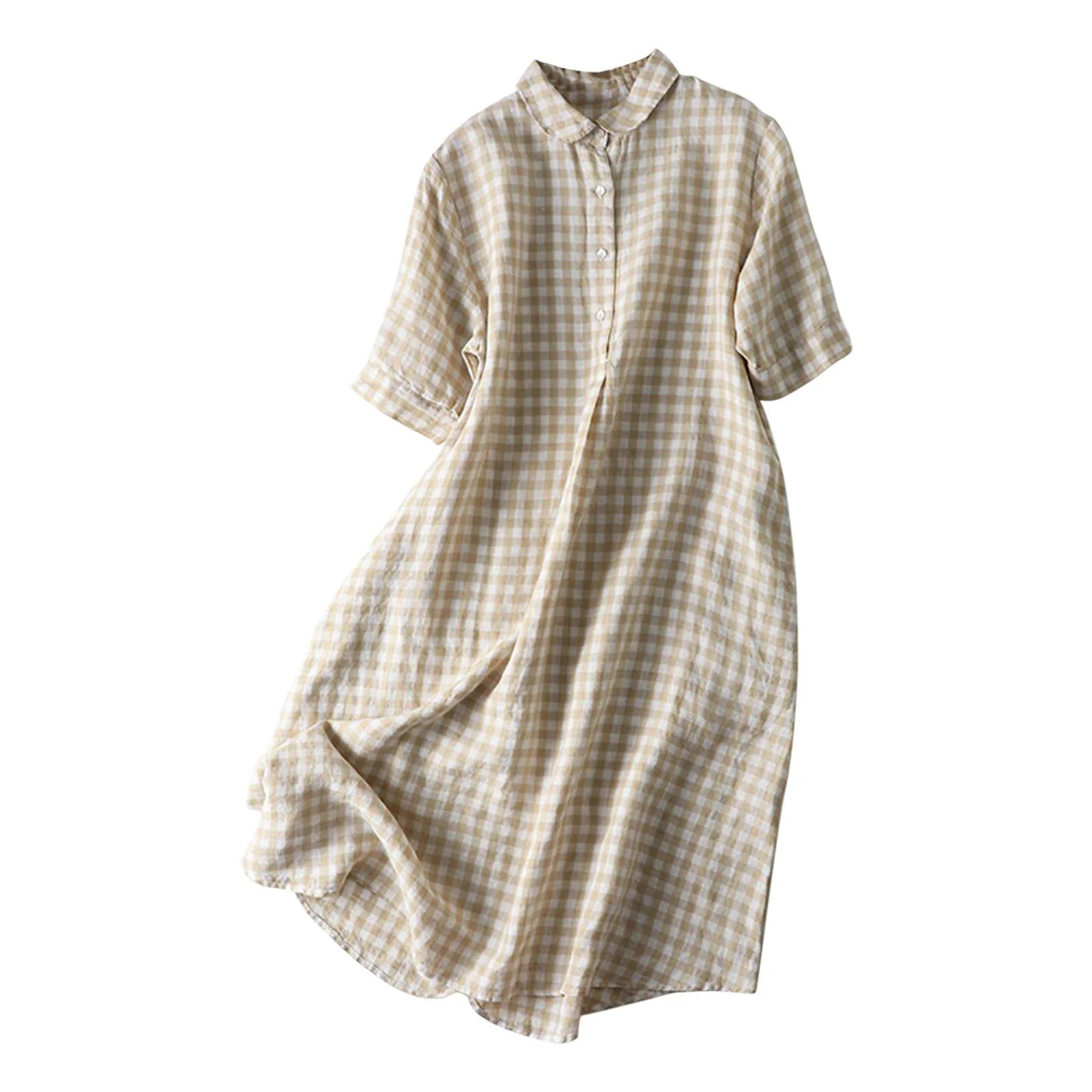 Retro Cotton Linen Shirt Long Dresses Ladies Short Sleeve Oversized Shirt Dress Korean Fashion Loose Lapel Sundress Y2k Clothing