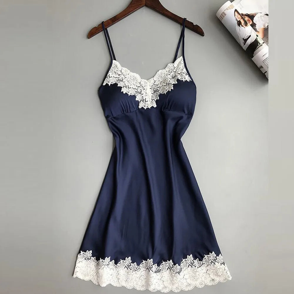 Women's Sexy Lingerie Summer Silk Night Gown Lace Patchwork Mini Night Dress Spaghetti Strap NO Chest Pad Sleepwear For Ladies