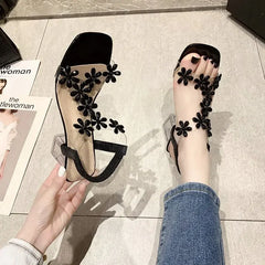 Ladies Shoes on Sale 2023 Fashion Elastic Band Women Sandals Square Toe Solid Rhinestones Transparent Chunky Heels Sandals Women