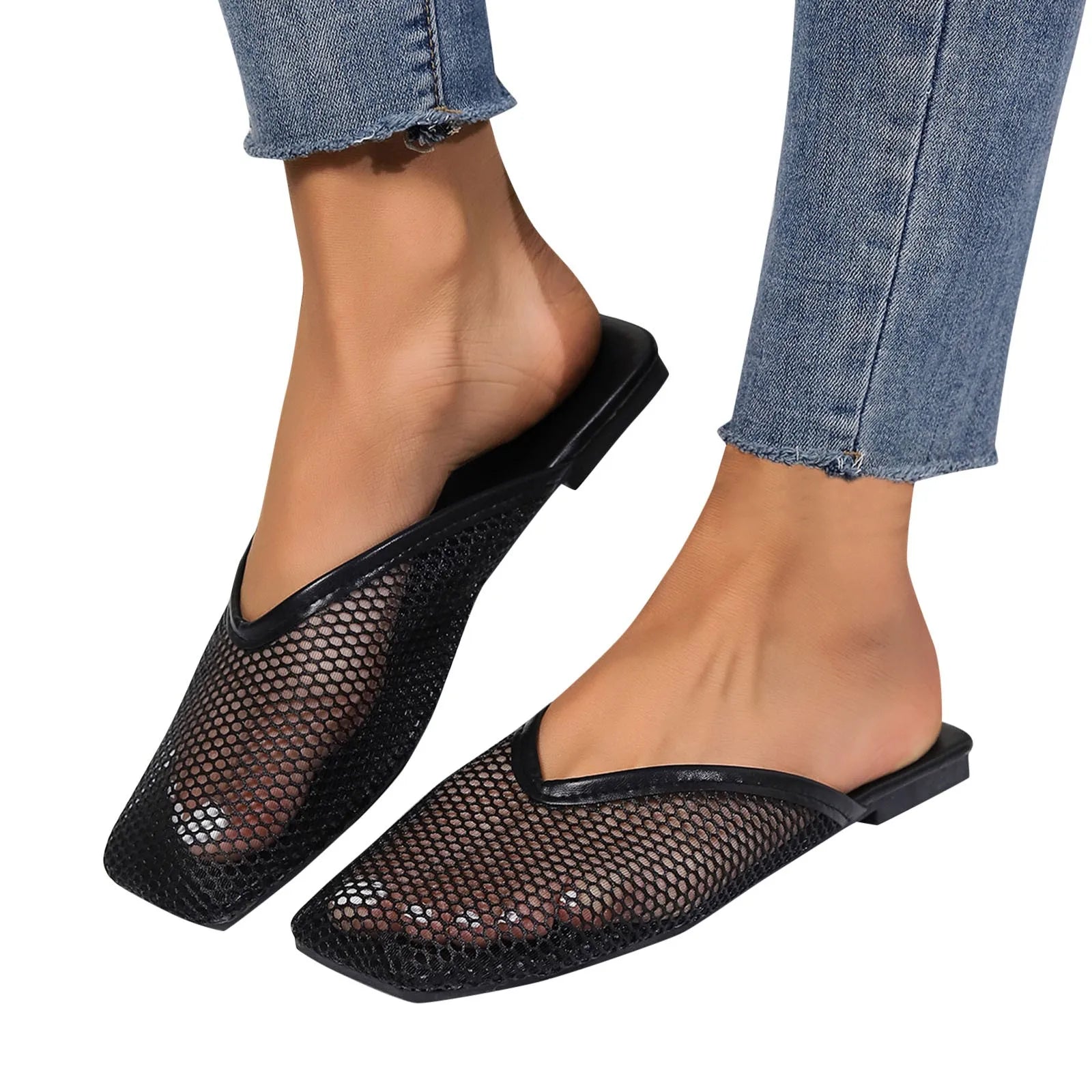 Sandals Women Dressy Flats Non Slip Slippers Summer Net Cloth Overhead Sandals Hollow Out Mesh Breathable Shoes Slippers