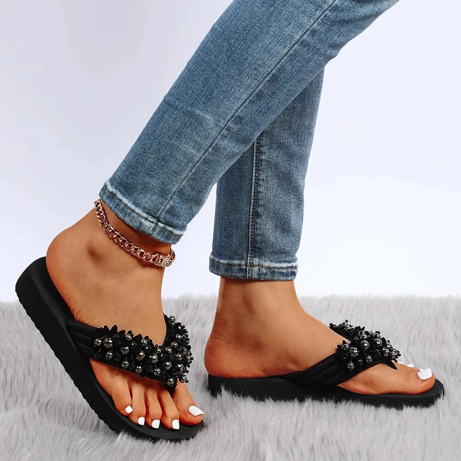 New In Ladies Slippers Summer Beaded Pearl Decorative Fashion Women's Shoes Women's Wedge Thick Platform Beach Slippers Shoes