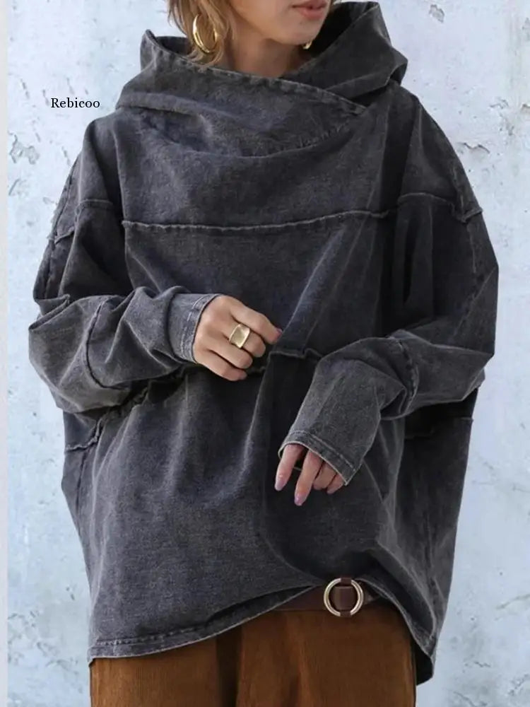 Tooling Loose Washing Denim Tops Autumn Splicing Long Sleeve Gray Hooded Sweater Street Hipster Solid Color Urban Leisure New