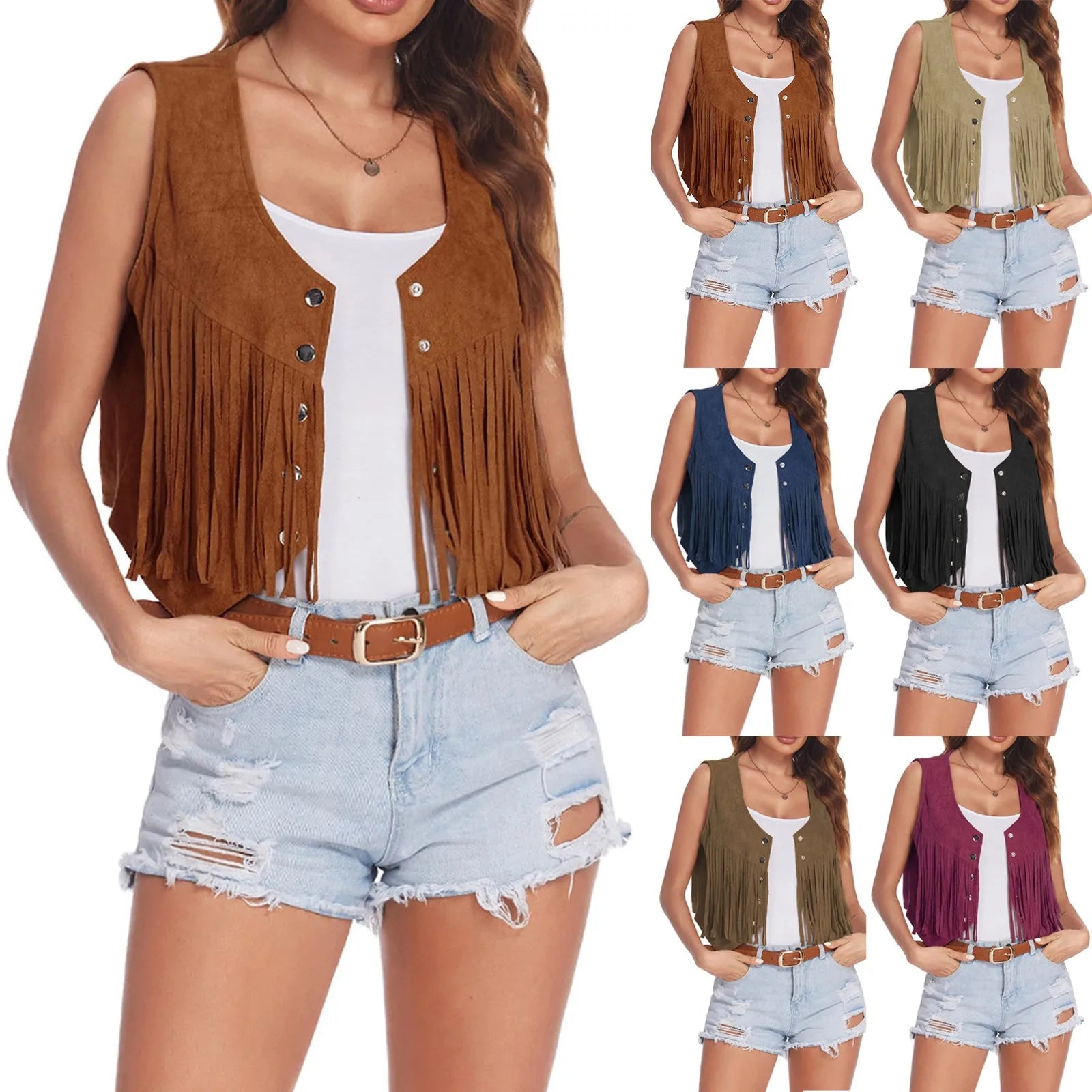 Western Fringe Vest Women Faux Suede Open-Front Vintage Vest Sleeveless 70s Hippie Clothes Boho Jacket Women Hooded Jacket