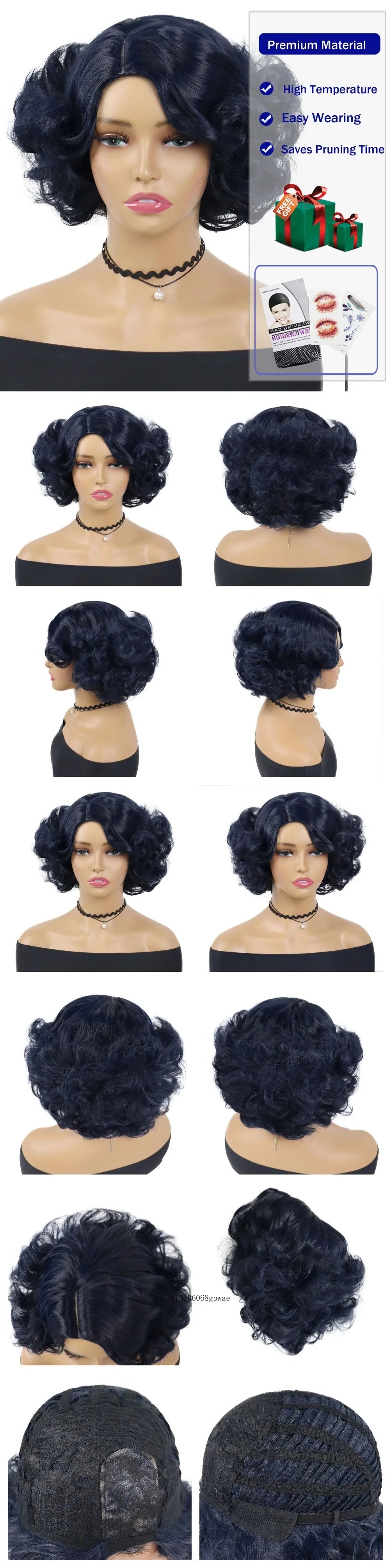 Synthetic Blue Wigs Cosplay Halloween Party Carnival Use Short Curly Wig for Women Natural Fluffy Hair Side Parting Hairstyle