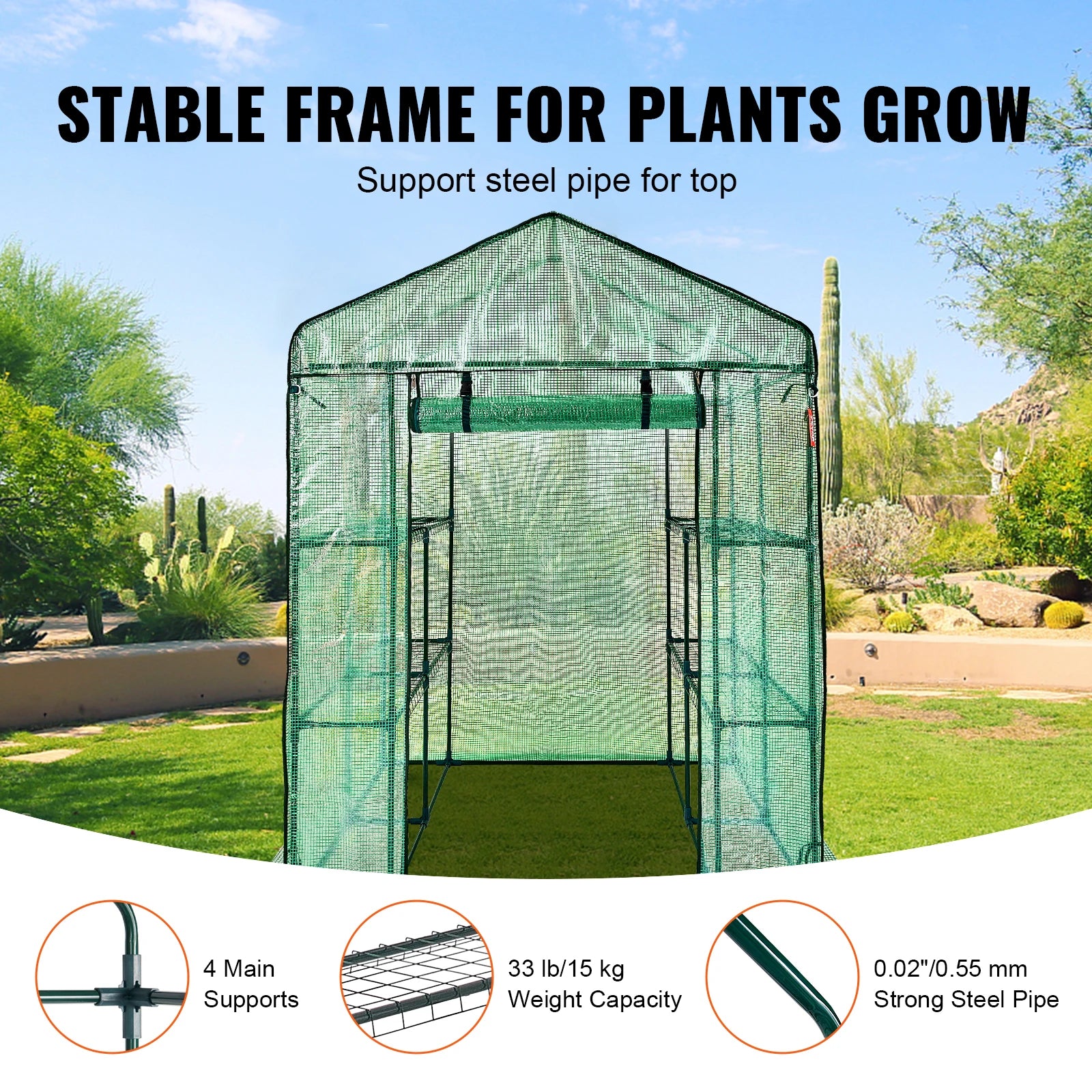 VEVOR Walk-in Green House Greenhouse with Shelves High Strength PE Cover with Doors & Windows and Steel Frame for Planting