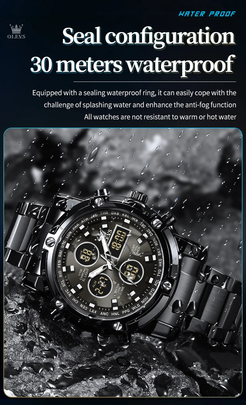 OLEVS Original Brand Men's Watches Waterproof Trendy Electronic Watch Multifunctional LED Luminous Fashion Stainless Steel