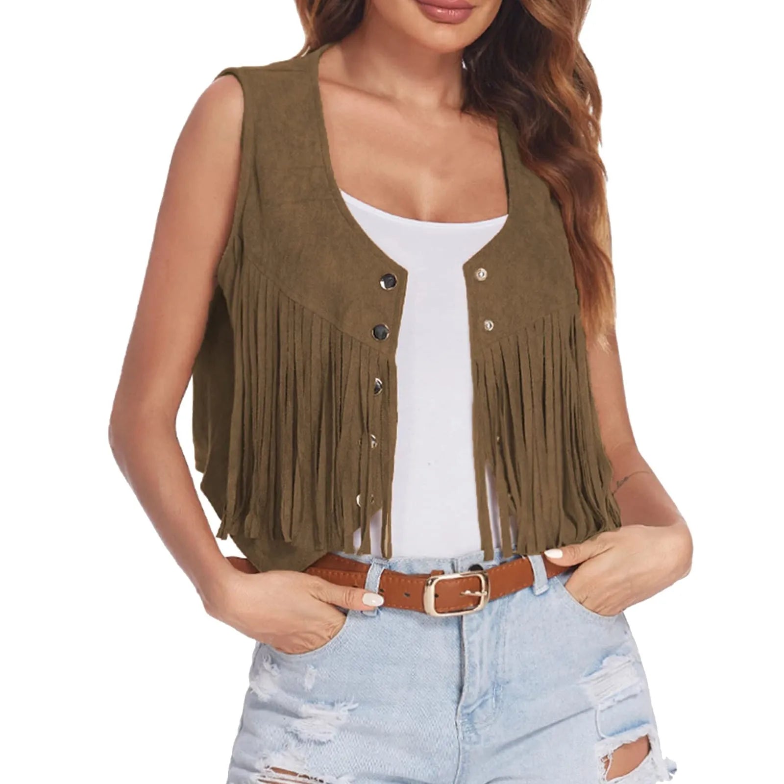 Western Fringe Vest Women Faux Suede Open-Front Vintage Vest Sleeveless 70s Hippie Clothes Boho Jacket Women Hooded Jacket