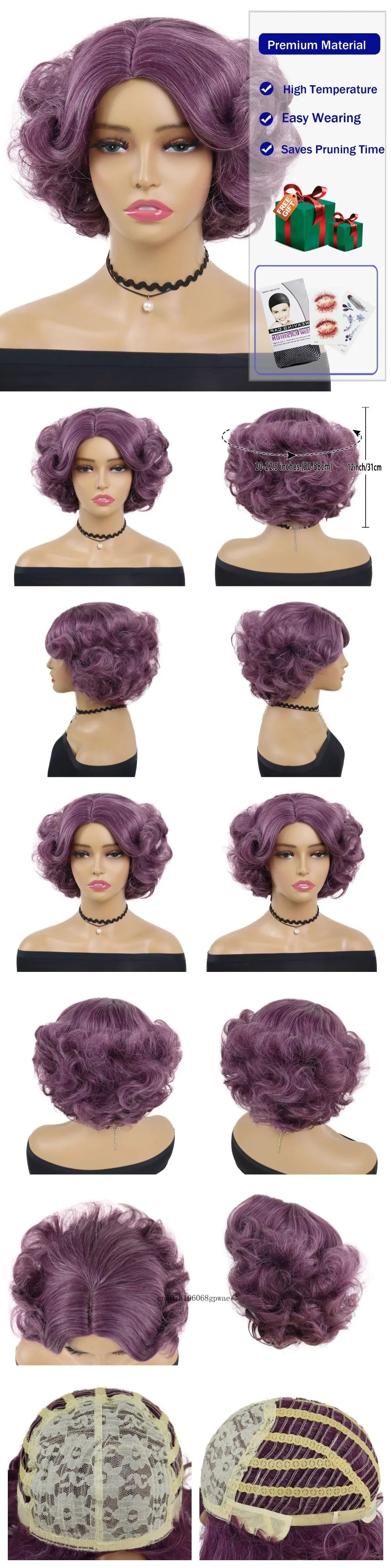 Synthetic Blue Wigs Cosplay Halloween Party Carnival Use Short Curly Wig for Women Natural Fluffy Hair Side Parting Hairstyle