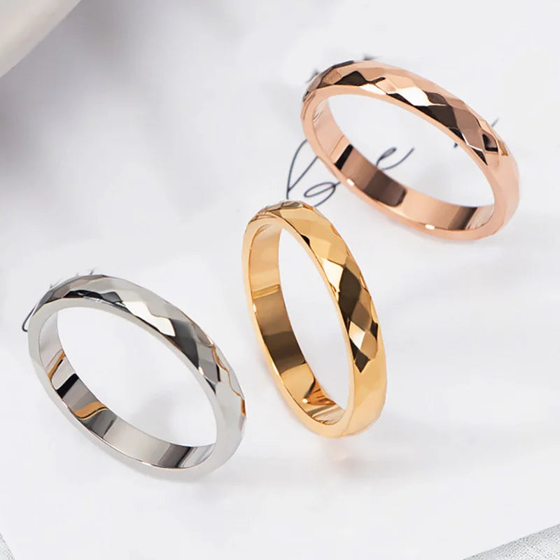 3mm Titanium Steel Ring Rhombus Shape Ring Woman Geometric Jewelry V Grid Rose Gold Silver Color Size 4 To 10 New Couple Ring