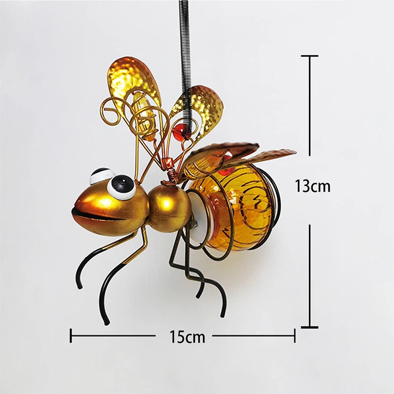 Iron Bee Insect Statue with LED Fairy Light Outdoor Waterproof Hanging Tree Ornament for Fence Yard Courtyard Garden Art Decor