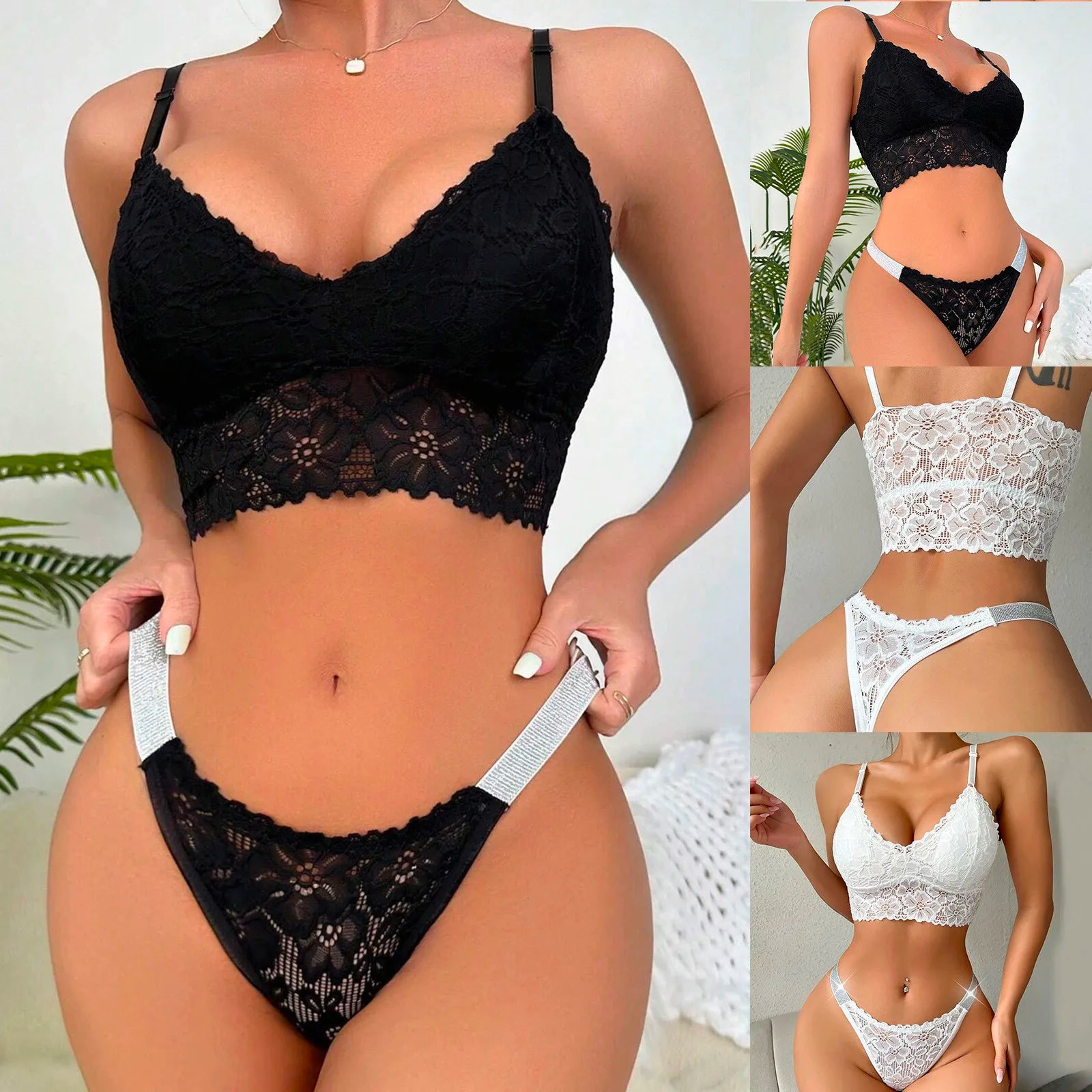 Women Plus Size Sexy Underwire Lingerie Two Piece Set Lace Halter Tank Top Bra Solid Color Breathable Thong Sleepwear Suit Teddy