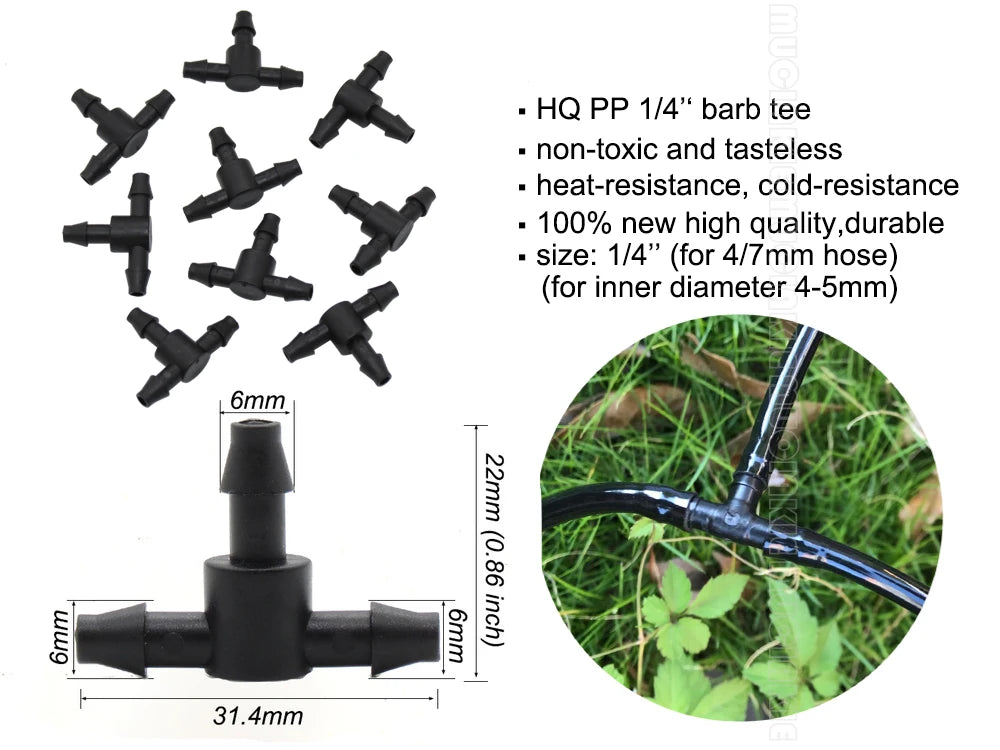 MUCIAKIE 50PCS Barb Tee Piece 3 Way 4/7mm Connector Garden Watering Pipe Hose T Joint Micro Drip Irrigation Tool 1/4'' Couplings