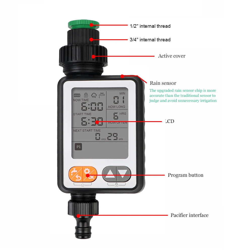 Automatic Manual Mode Irrigation Controller Rain Sensor Garden Watering Timer Multiple Program Large Screen Battery Operated