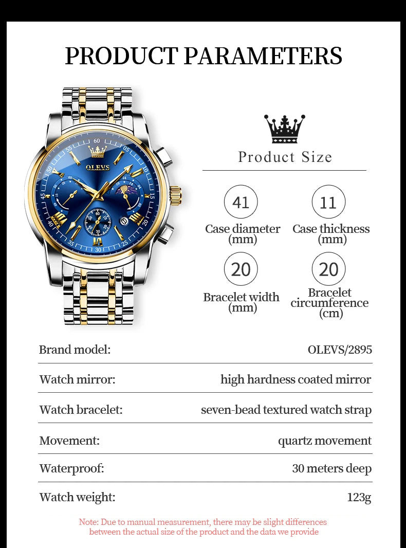 OLEVS 2895 Top Brand Men's Watch Business Multi functional Waterproof Moon Phase Calendar Chronograph Luxury Quartz Men's Watch