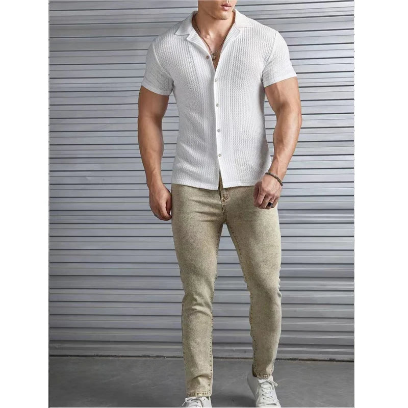 Men's Shirts Summer Turn-down Collar Stirpes Solid Waffle Casal Cardigan Loose Muscle Casual Short Sleeve Shirt For Male Tops