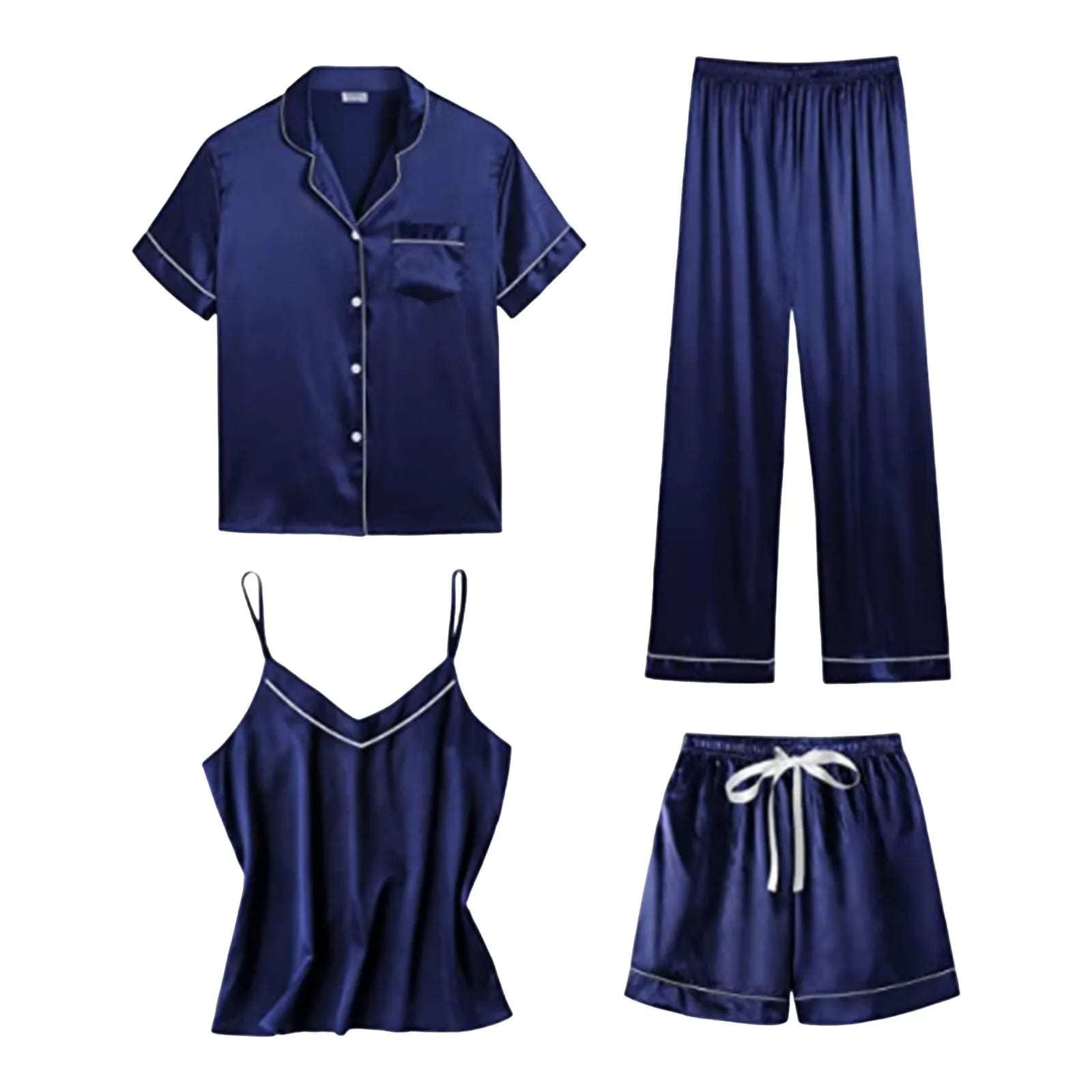 4 pcs Pajama Set Women Satin Silk Sleepwear Pyjamas Summer Nightwear Lapel Shirt With Pants Home Wear Camis Tops Shorts Pijama