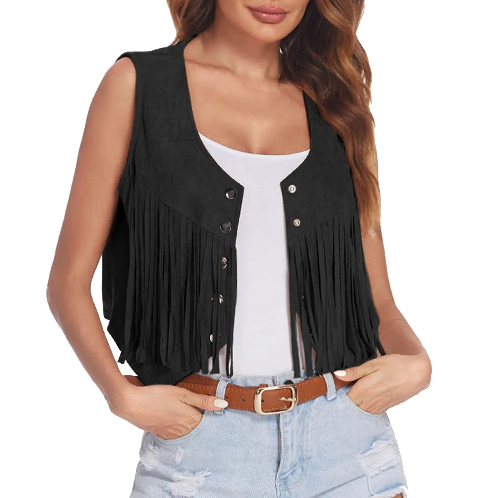 Western Fringe Vest Women Faux Suede Open-Front Vintage Vest Sleeveless 70s Hippie Clothes Boho Jacket Women Hooded Jacket