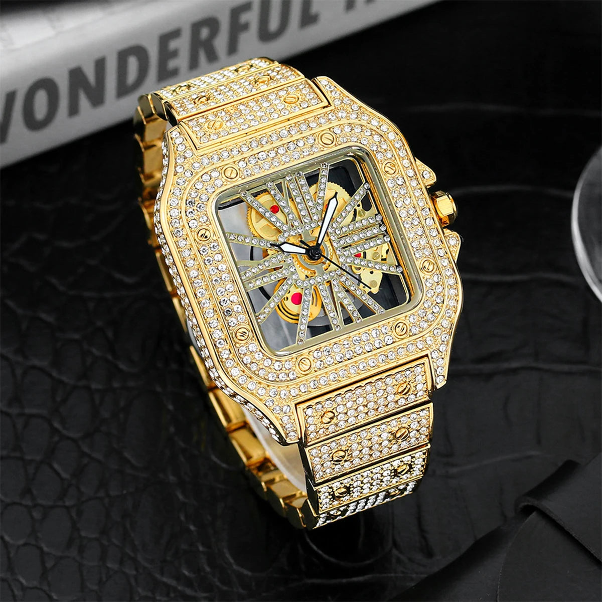 Aokaishen Iced Out perspective mechanical watches Stainless Steel Wristwatches for men Full Stones Zircon Quartz Square Gift