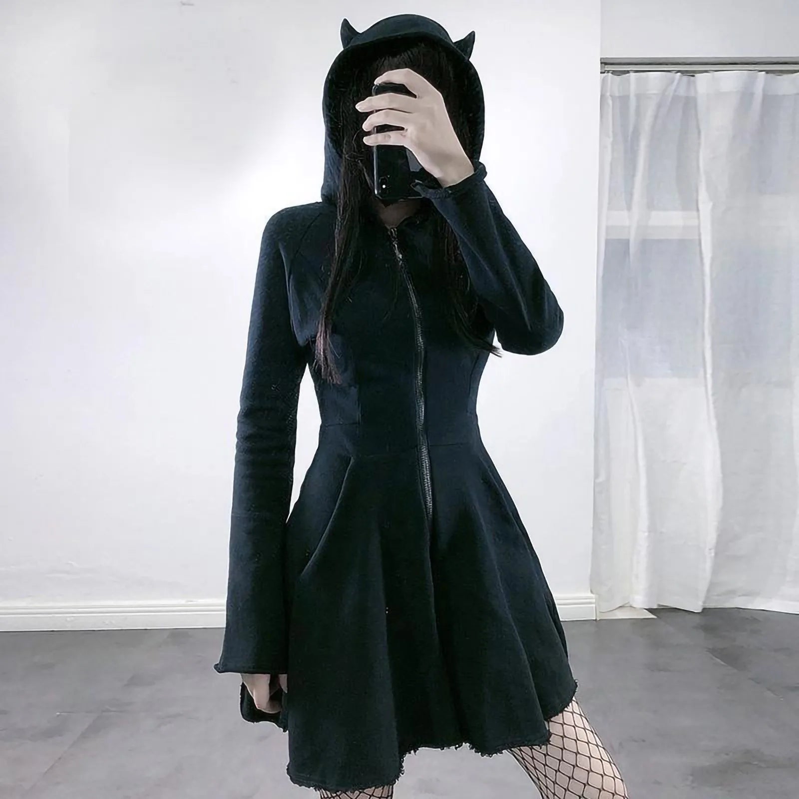 Loose Size Cat Ear Hoodie Dress Swing Pullover Long Sleeve Hooded Cute Sweatshirt Dress For Women Hoodies with Zipper зип худи