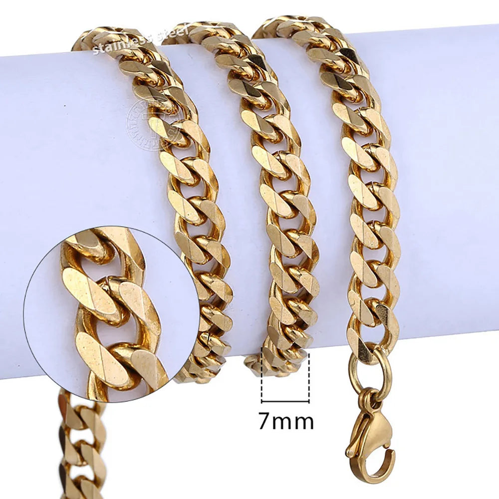 Hiphop Stainless Steel Necklace Curb Cuban Link Chain For Men Women Gold Color Solid Metal Punk Jewelry Gift KNM08